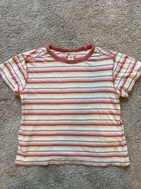 Billabong Pink, White & Green Striped Short Sleeve Tee